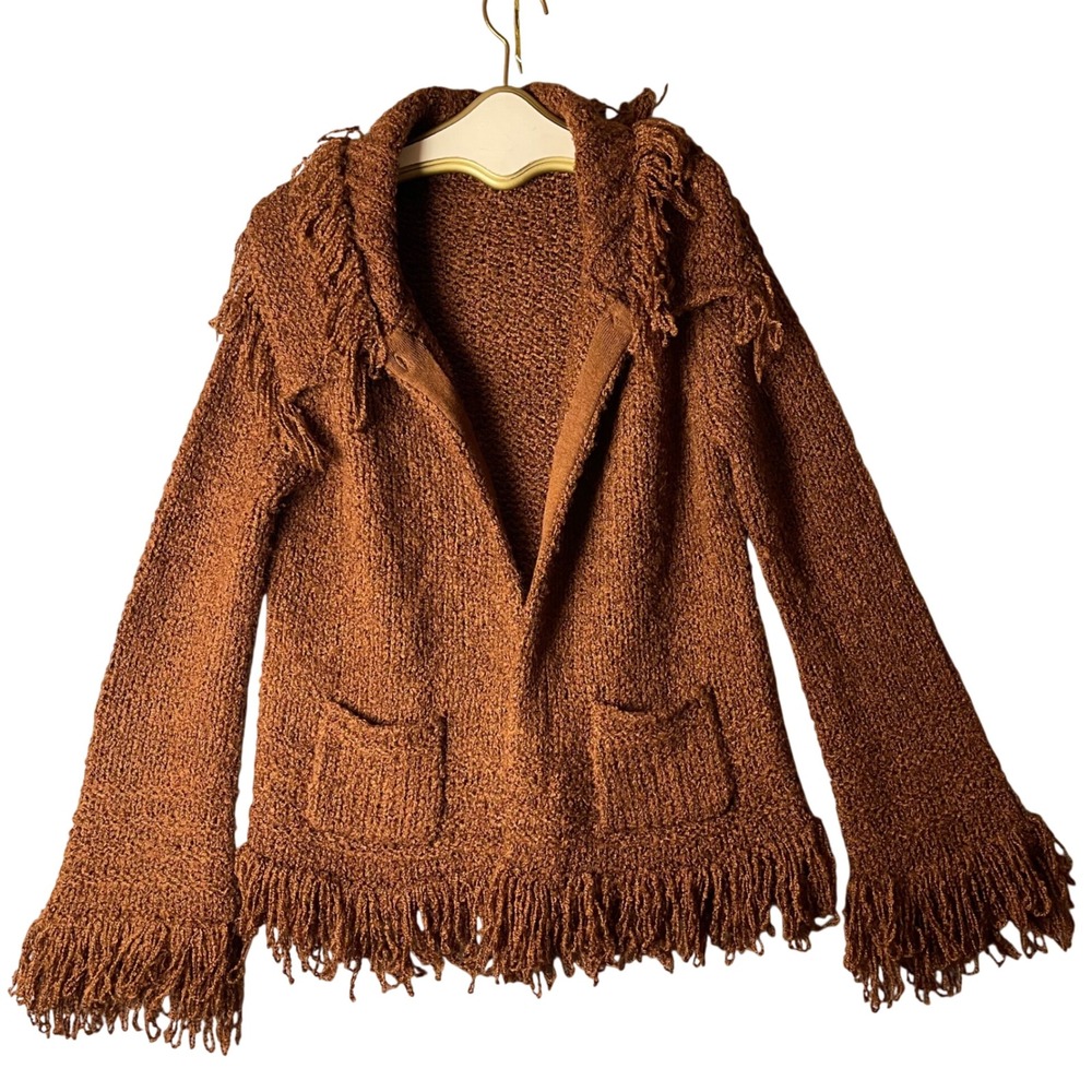 New Port News Brown‎ Fringe Knit Cardigan Sweater XL Boho Western G9506